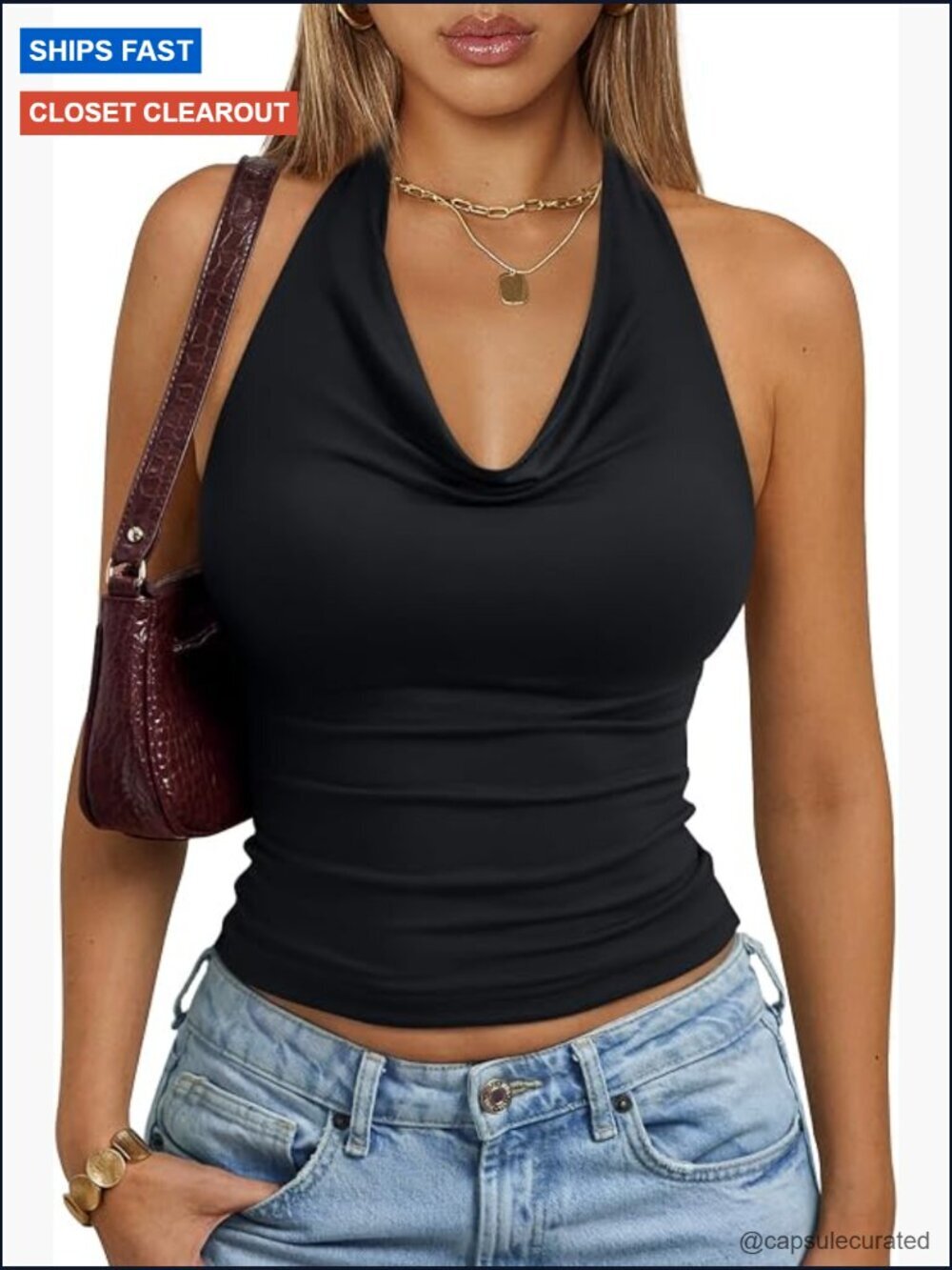Halter Top for Women Going Out Cowl Neck Backless Tank Top